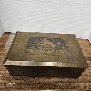 Vintage Grammes Etch-Art Brass Chest with Engraved Ship and Sea Designs